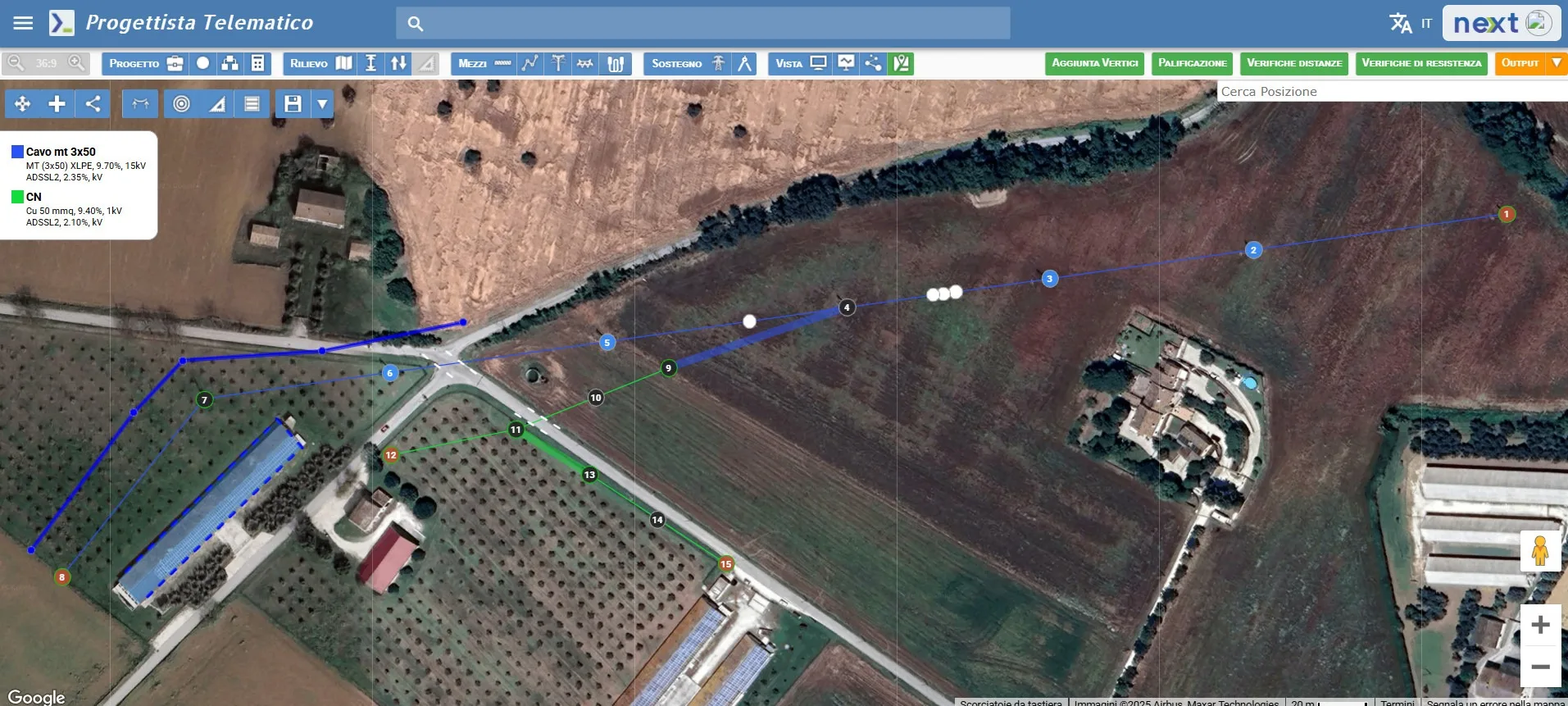 Progettazione di linee elettriche vista Google Maps