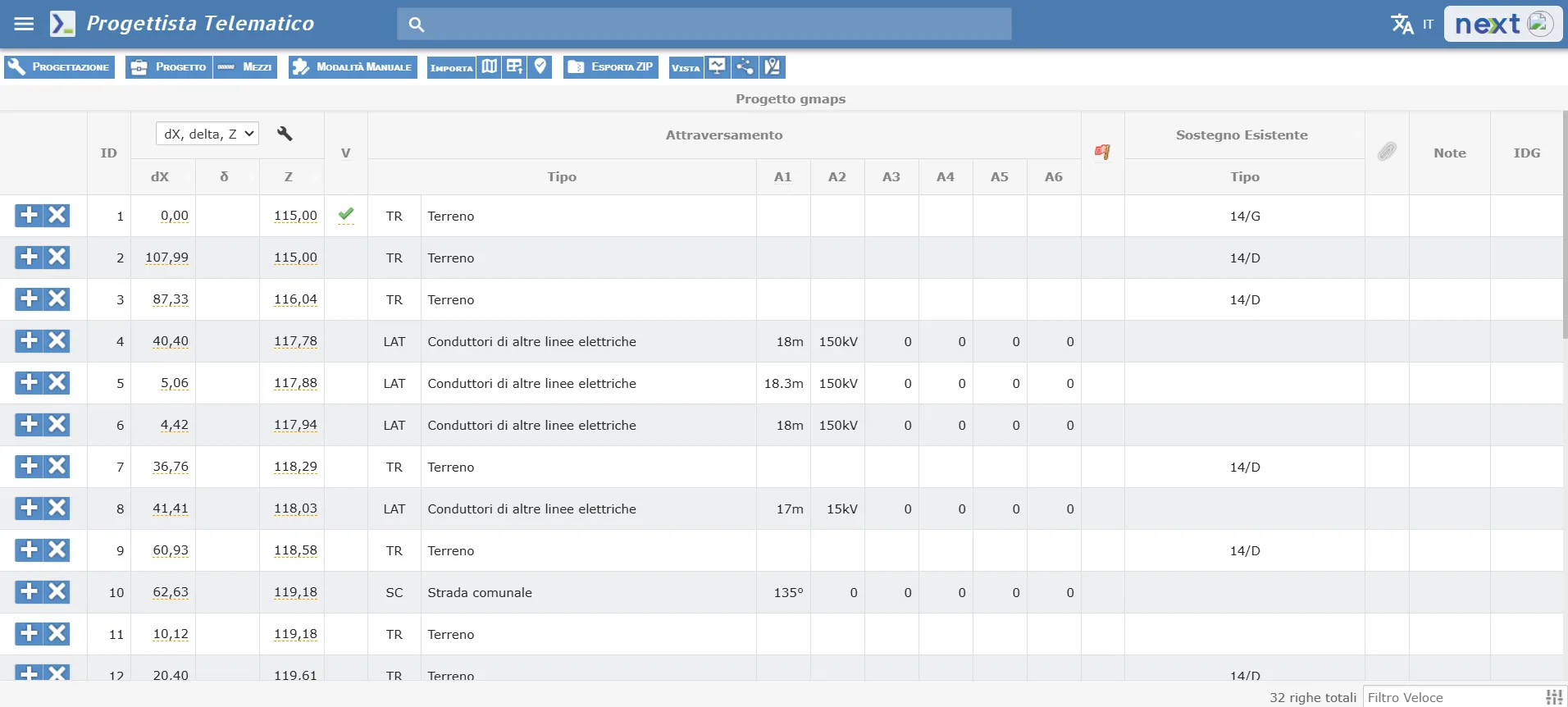Progettazione di linee elettriche Tabella del rilievo